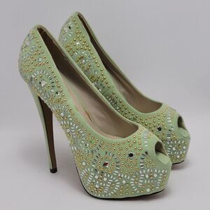 Kiss Kouture Celine Light Mint Green Peep Toe Beaded Platform Heels Size 8.5